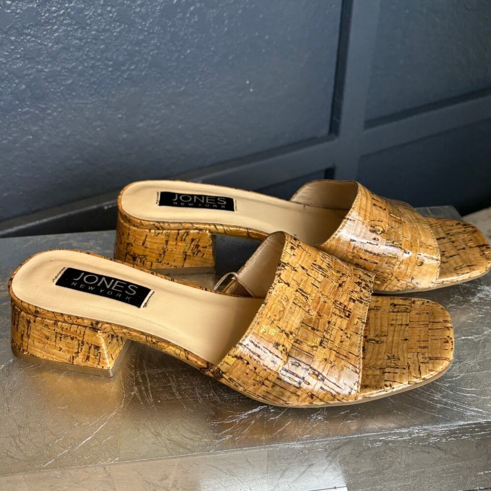 Jones New York Unis Faux Cork Square Toe Block Heel Slide Sandal Shoes Sz 7